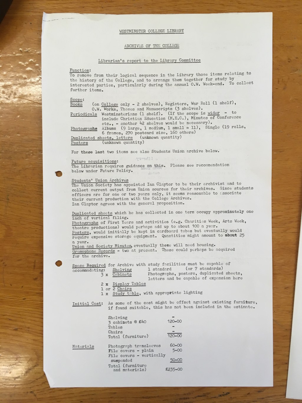 Archives & Library – ‘Archives of the College’ report and the creation of the Westminster College Archives,&nbsp;1974
